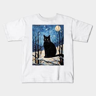 Black Cat Christmas Starry Night Kids T-Shirt